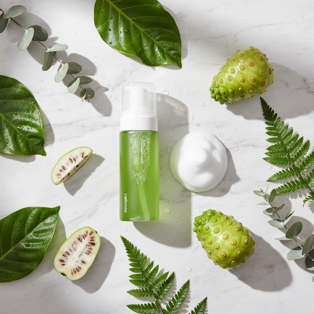 Celimax noni cleanser flat lay with botanicals