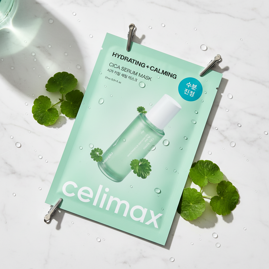 Celimax sheet mask flat lay with botanicals